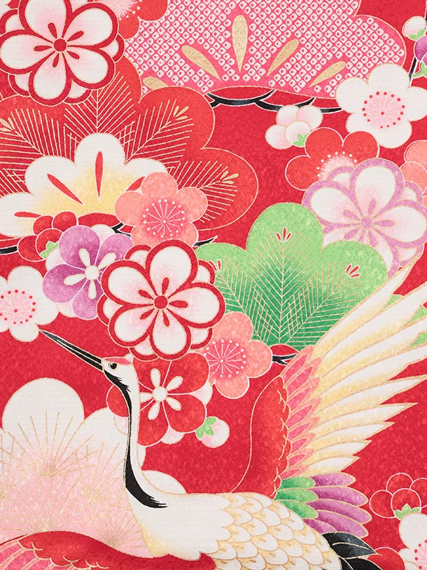 七五三(7歳結び帯)Y702 赤地 鶴に吉祥文様