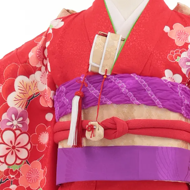 七五三(7歳結び帯)Y702 赤地 鶴に吉祥文様