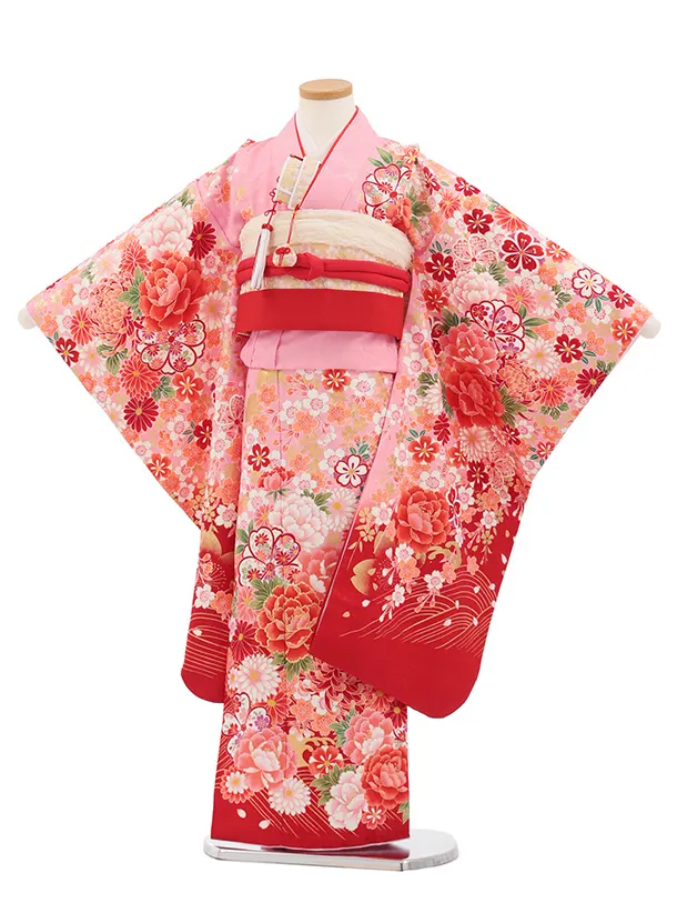 七五三(7歳結び帯)Y703 ピンク赤ぼかし 花づくし