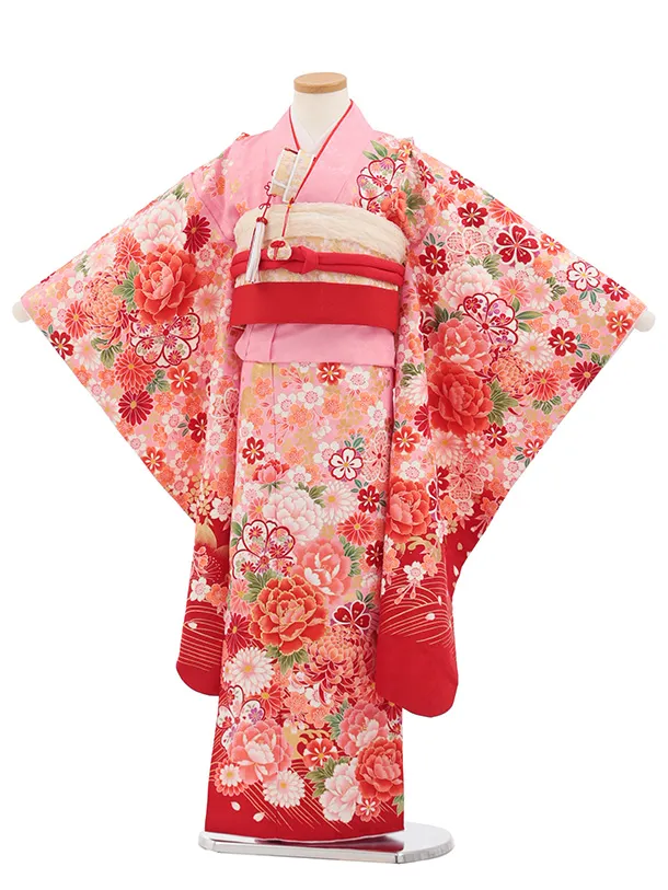七五三(7歳結び帯)Y703 ピンク赤ぼかし 花づくし