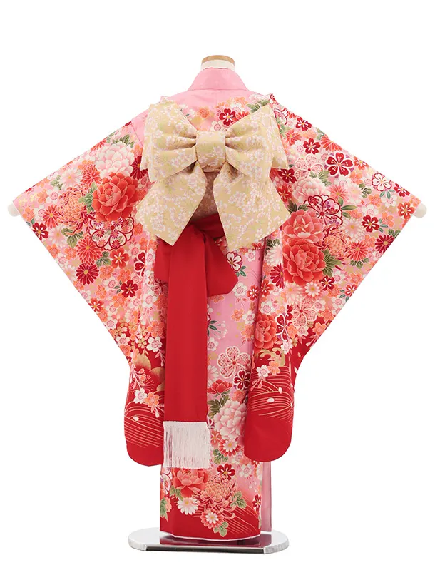 七五三(7歳結び帯)Y703 ピンク赤ぼかし 花づくし