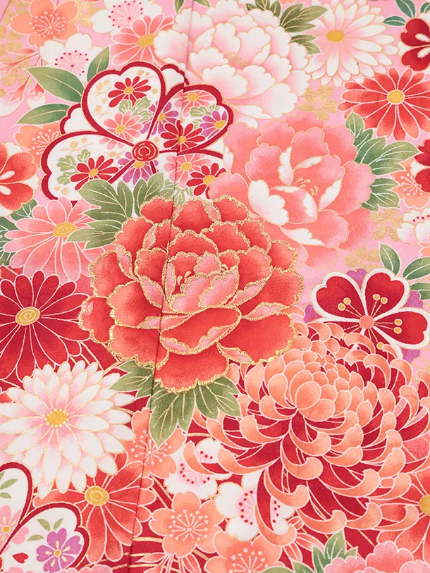 七五三(7歳結び帯)Y703 ピンク赤ぼかし 花づくし