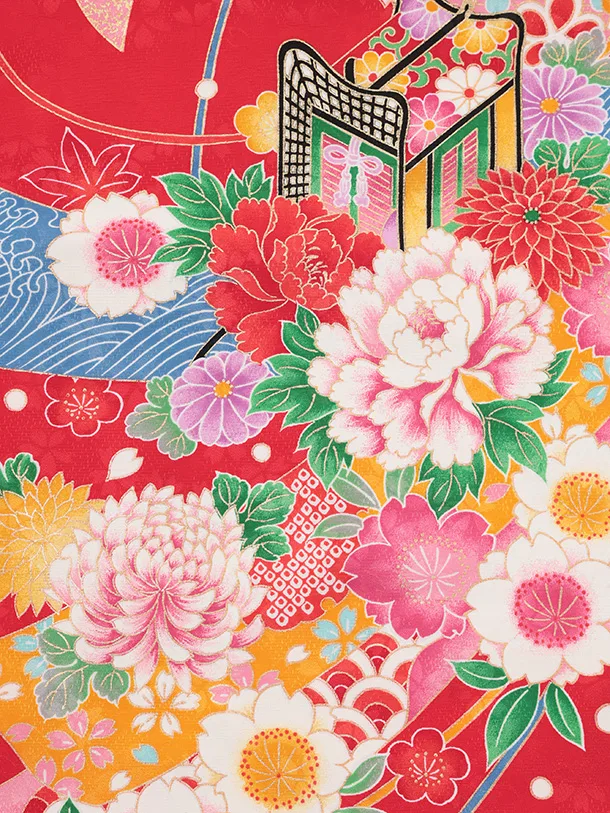 七五三(7歳結び帯)Y704 赤地 御所車に鈴花