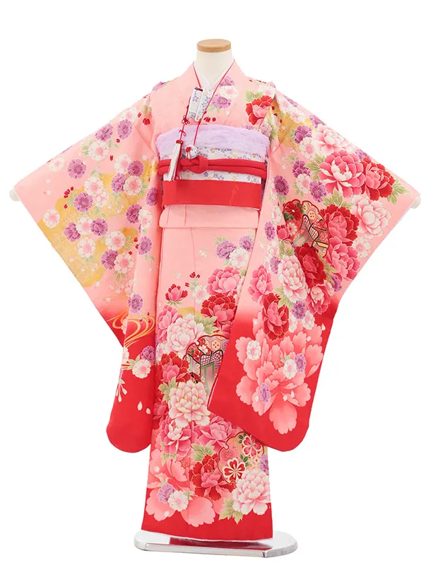 七五三(7歳結び帯)Y705 ピンク地裾赤 牡丹に雪輪