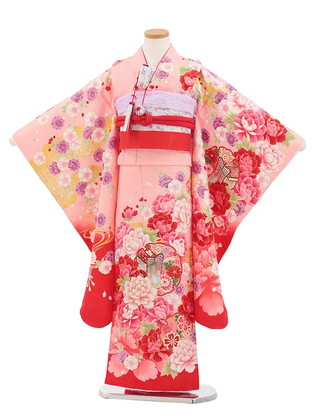 七五三(7歳結び帯)Y705 ピンク地裾赤 牡丹に雪輪