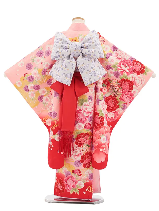 七五三(7歳結び帯)Y705 ピンク地裾赤 牡丹に雪輪