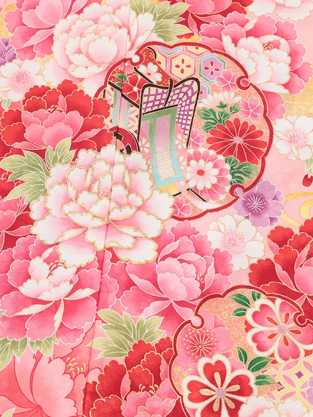 七五三(7歳結び帯)Y705 ピンク地裾赤 牡丹に雪輪