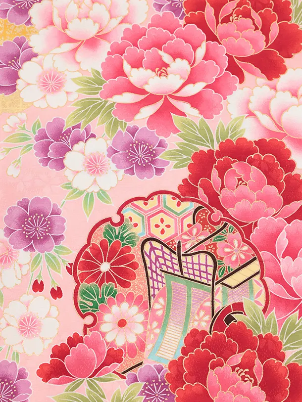 七五三(7歳結び帯)Y705 ピンク地裾赤 牡丹に雪輪