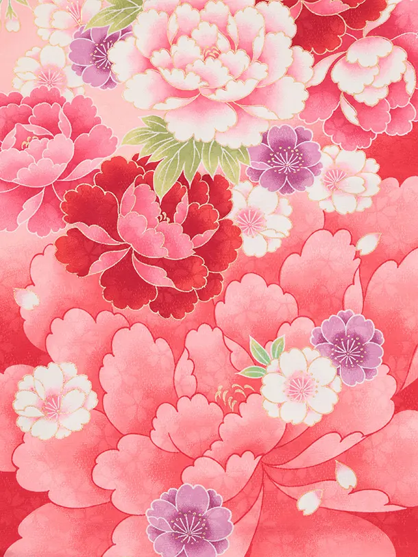 七五三(7歳結び帯)Y705 ピンク地裾赤 牡丹に雪輪