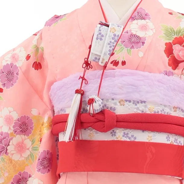 七五三(7歳結び帯)Y705 ピンク地裾赤 牡丹に雪輪