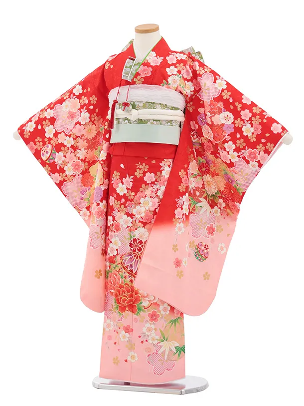 七五三(7歳結び帯)Y706 赤地裾ピンク まり花