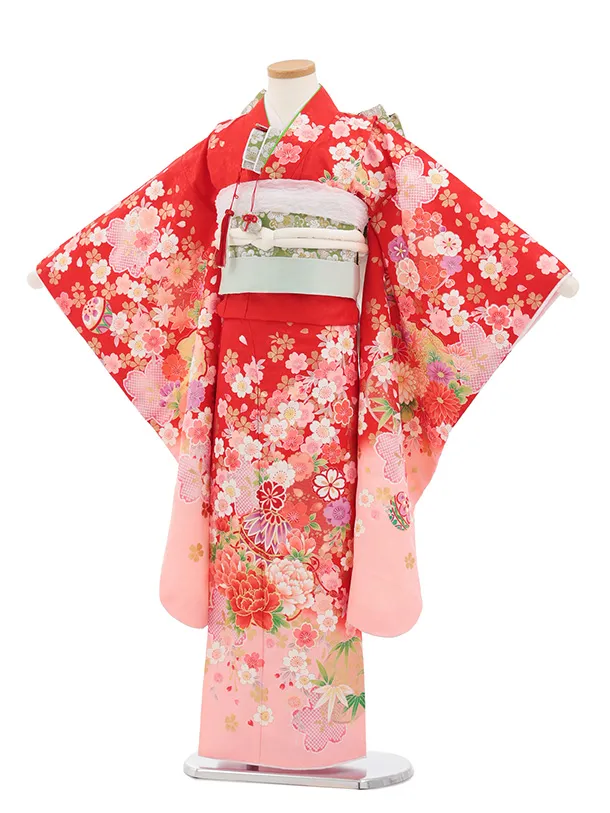 七五三(7歳結び帯)Y706 赤地裾ピンク まり花