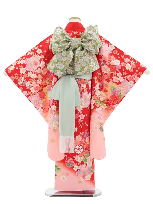 七五三(7歳結び帯)Y706 赤地裾ピンク まり花