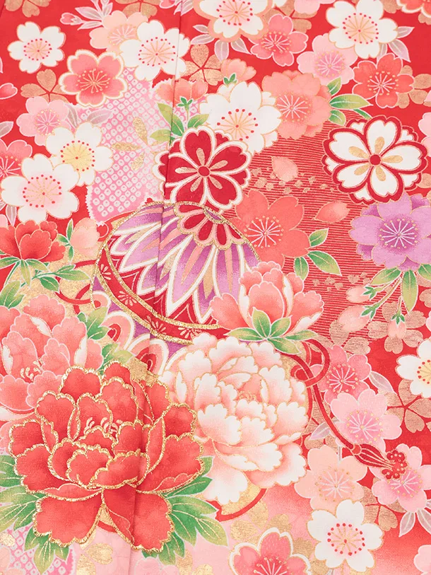 七五三(7歳結び帯)Y706 赤地裾ピンク まり花