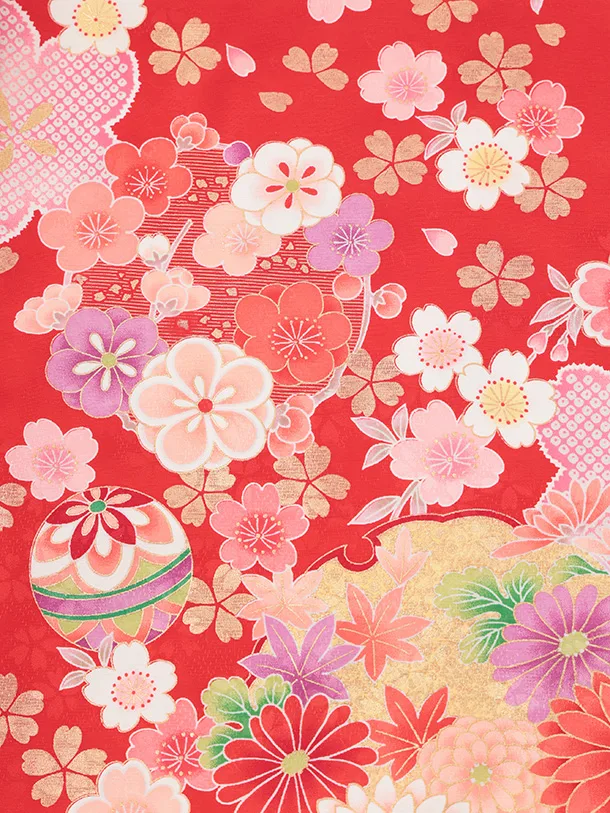 七五三(7歳結び帯)Y706 赤地裾ピンク まり花