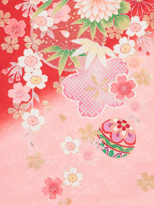 七五三(7歳結び帯)Y706 赤地裾ピンク まり花