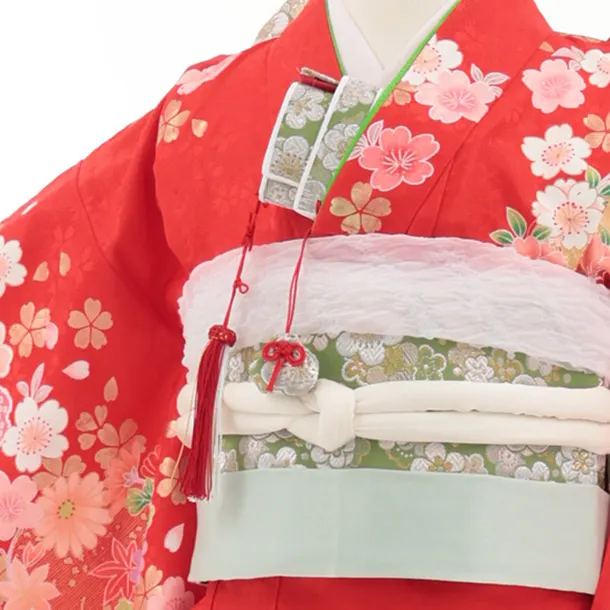 七五三(7歳結び帯)Y706 赤地裾ピンク まり花