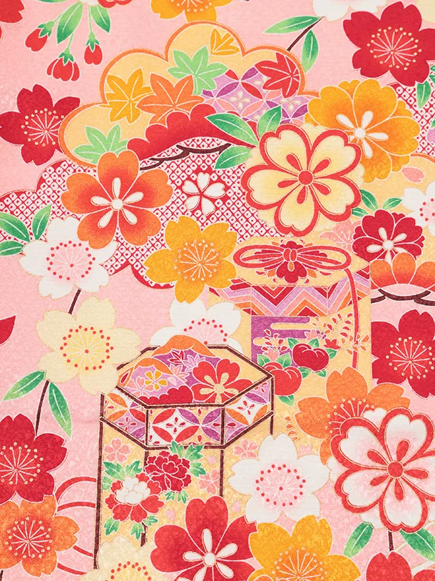 七五三(7歳結び帯)Y707 ピンク地 梅に貝桶