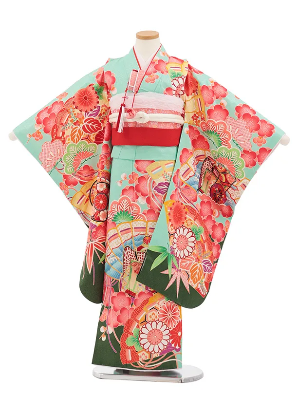 七五三(7歳結び帯)Y708 ミントグリーン 梅に檜扇御所車