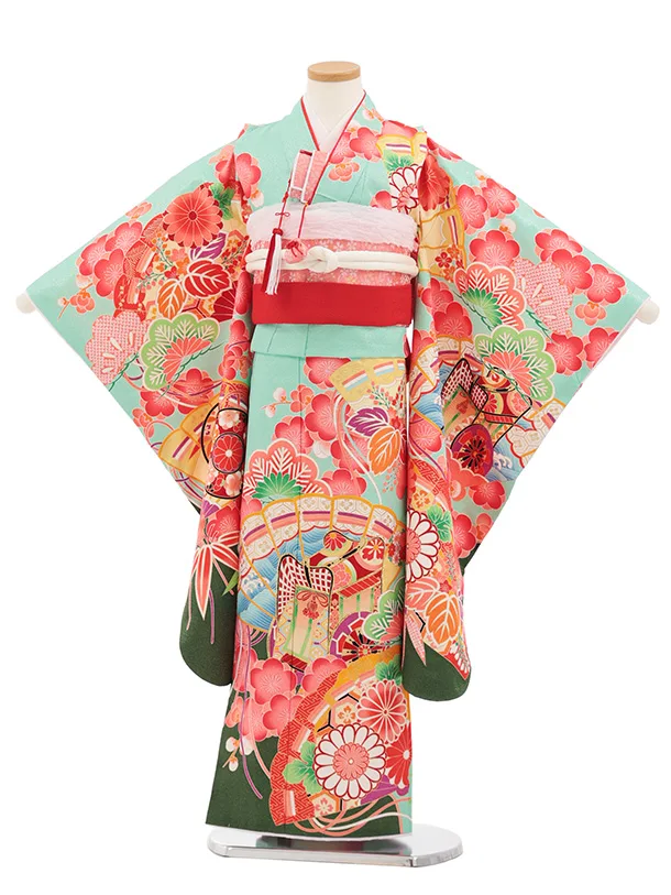 七五三(7歳結び帯)Y708 ミントグリーン 梅に檜扇御所車