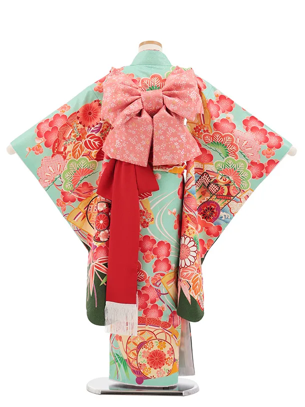 七五三(7歳結び帯)Y708 ミントグリーン 梅に檜扇御所車