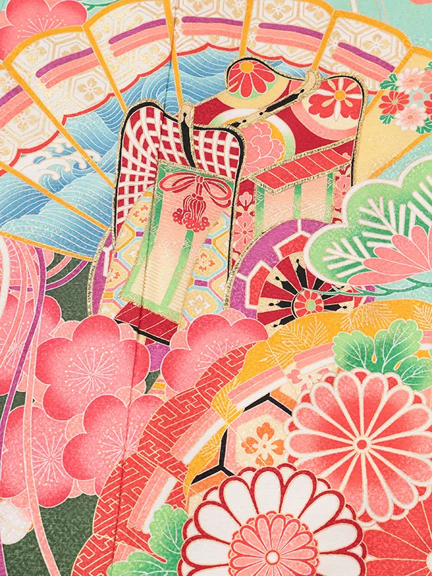 七五三(7歳結び帯)Y708 ミントグリーン 梅に檜扇御所車