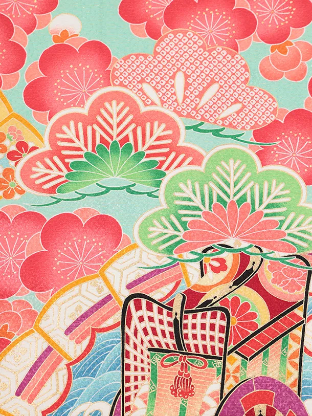 七五三(7歳結び帯)Y708 ミントグリーン 梅に檜扇御所車