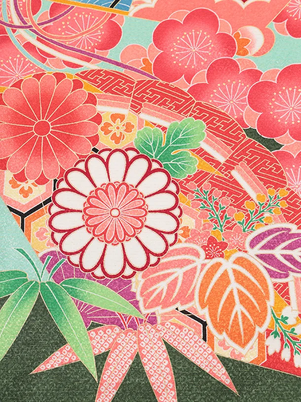 七五三(7歳結び帯)Y708 ミントグリーン 梅に檜扇御所車