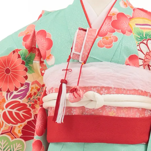 七五三(7歳結び帯)Y708 ミントグリーン 梅に檜扇御所車