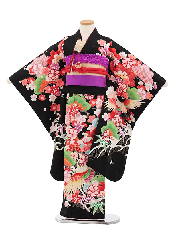 七五三(7歳結び帯)Y709 黒地鶴に吉祥文様