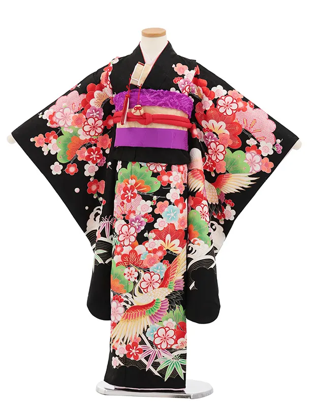 七五三(7歳結び帯)Y709 黒地鶴に吉祥文様