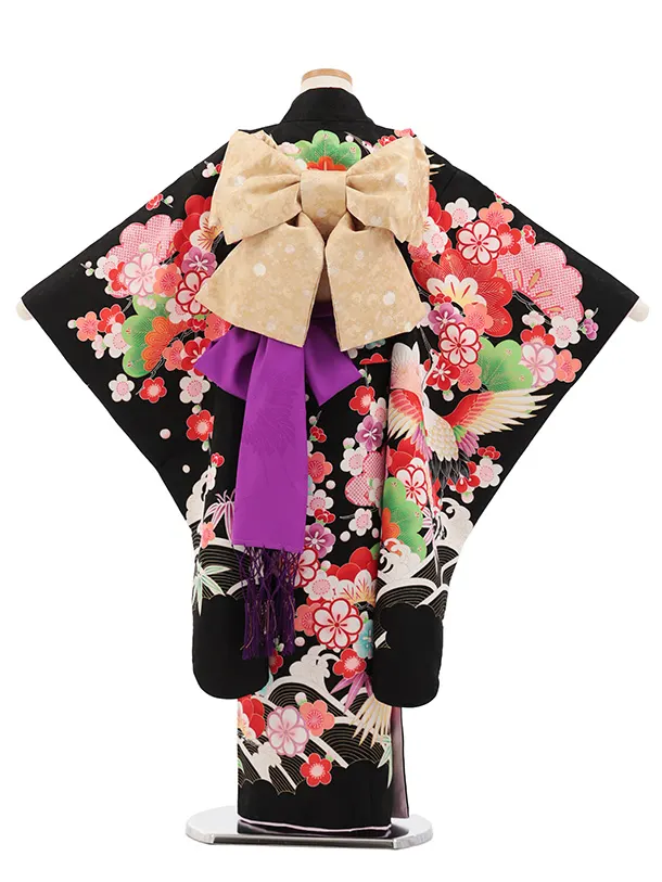 七五三(7歳結び帯)Y709 黒地鶴に吉祥文様