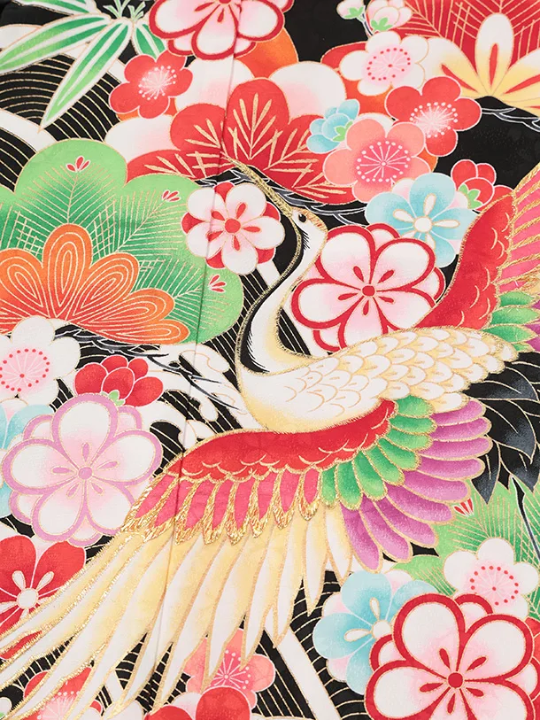 七五三(7歳結び帯)Y709 黒地鶴に吉祥文様