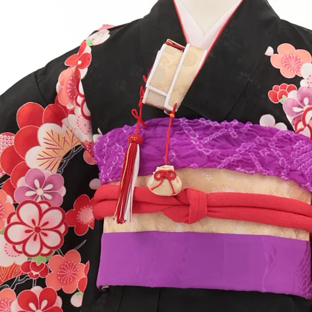 七五三(7歳結び帯)Y709 黒地鶴に吉祥文様