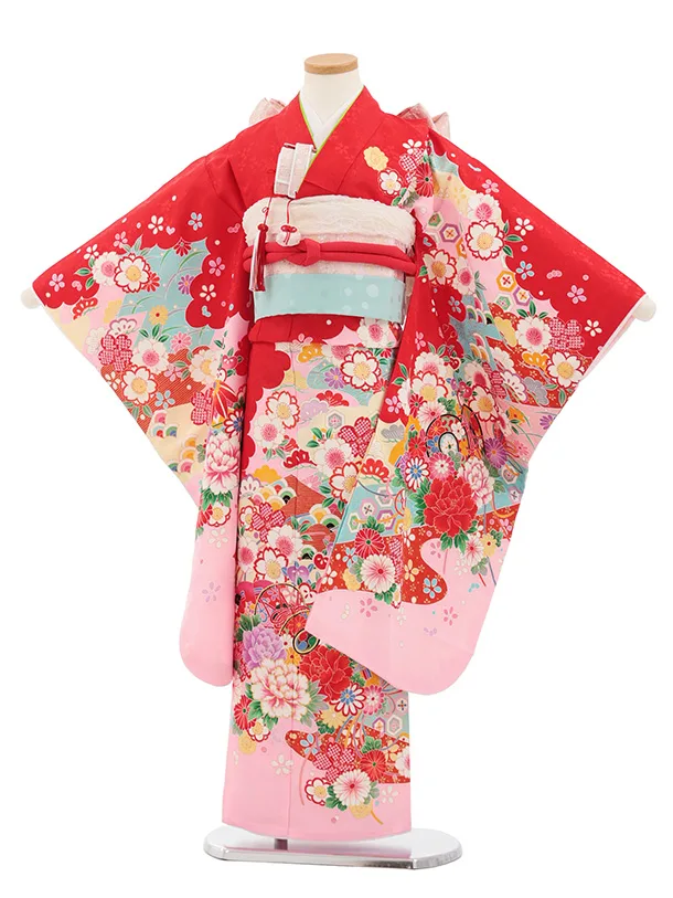 七五三(7歳結び帯)Y710 赤地裾ピンク 鼓に花