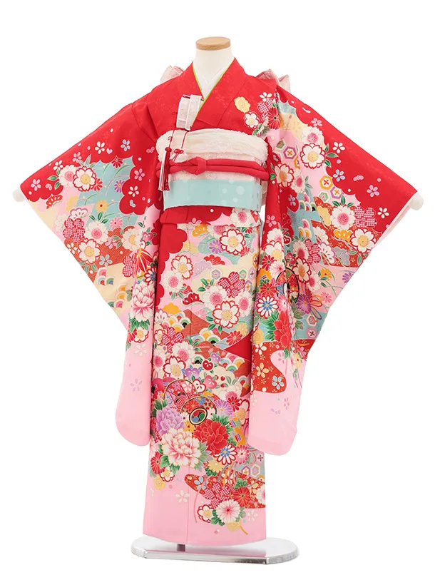 七五三(7歳結び帯)Y710 赤地裾ピンク 鼓に花