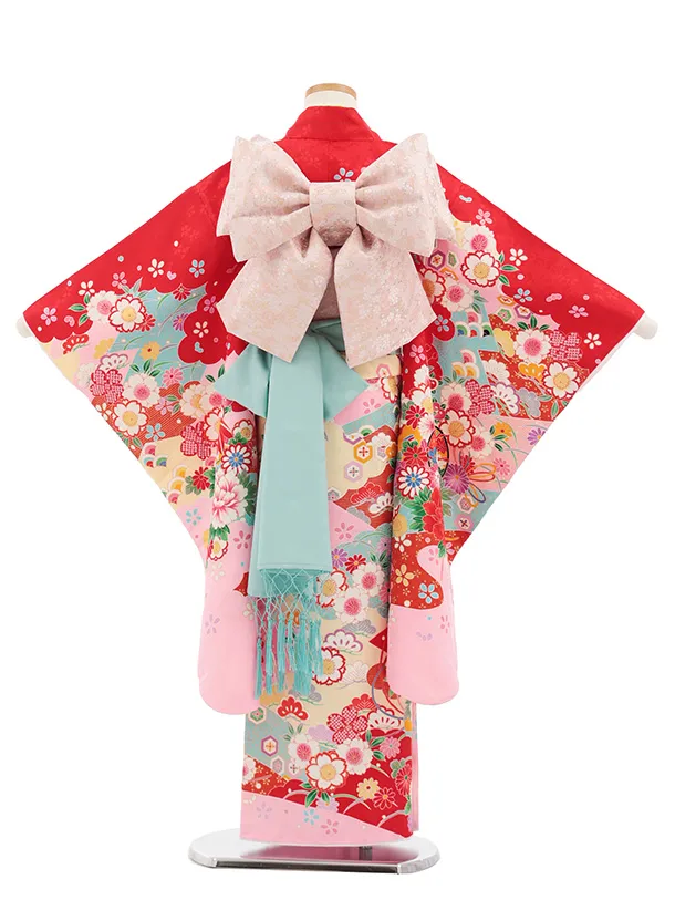 七五三(7歳結び帯)Y710 赤地裾ピンク 鼓に花