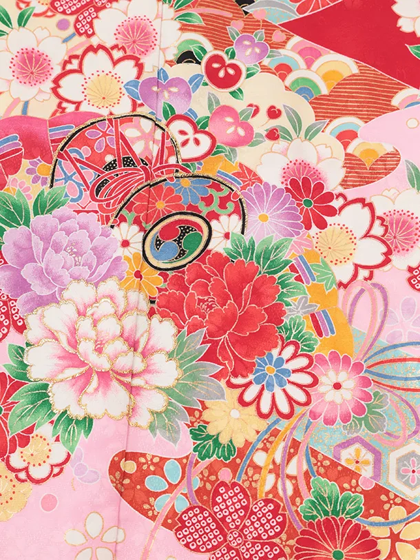 七五三(7歳結び帯)Y710 赤地裾ピンク 鼓に花