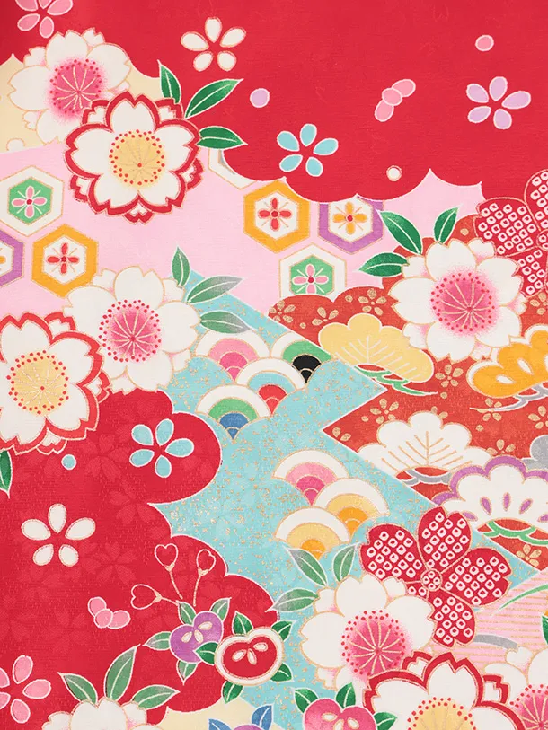 七五三(7歳結び帯)Y710 赤地裾ピンク 鼓に花