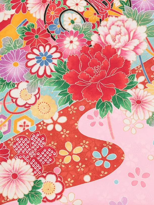 七五三(7歳結び帯)Y710 赤地裾ピンク 鼓に花