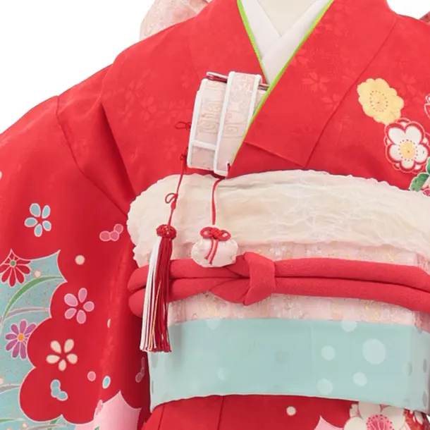 七五三(7歳結び帯)Y710 赤地裾ピンク 鼓に花