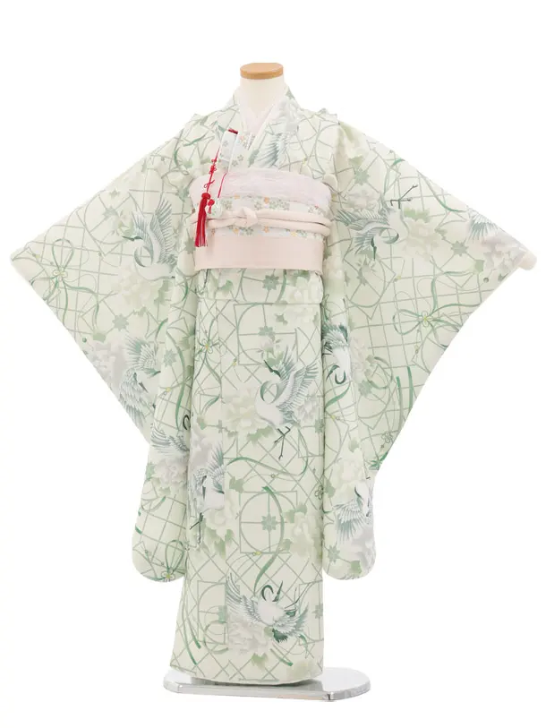 七五三(7歳結び帯)Y728 グリーン ぼたん鶴
