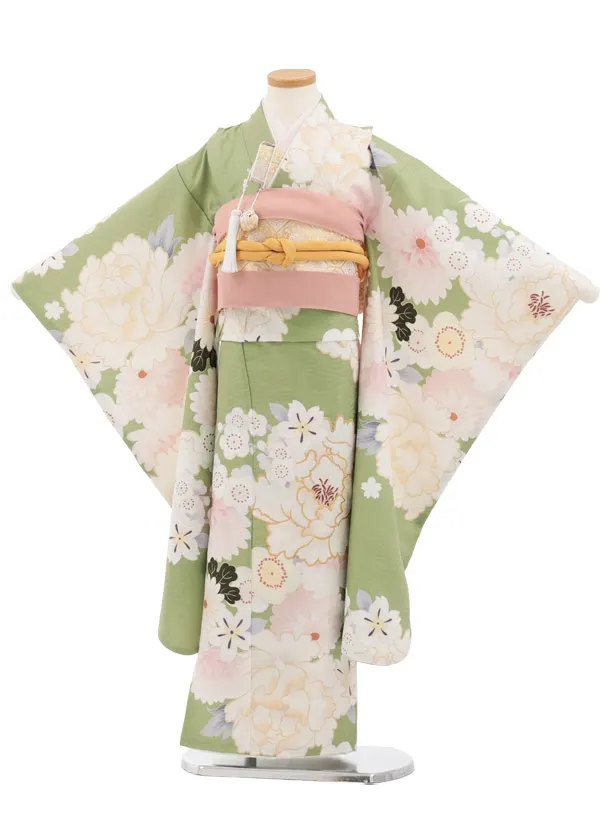 七五三(7歳結び帯)Y736 ぷちぷり グリーン 芍薬