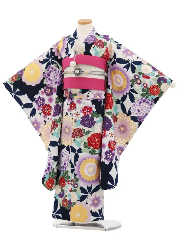七五三(7歳結び帯)Y739 花わらべ 紺地 古典花