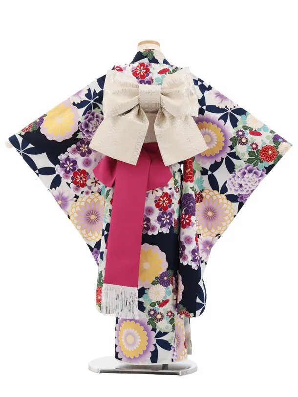 七五三(7歳結び帯)Y739 花わらべ 紺地 古典花