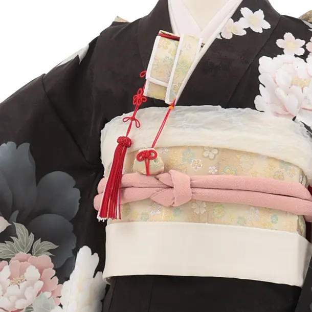 七五三(7歳結び帯)Y764 黒地 線描花に牡丹菊