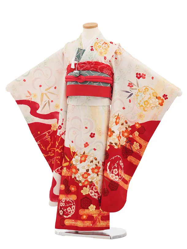 七五三(7歳結び帯)Y775 クリーム 麻の葉 刺繍椿