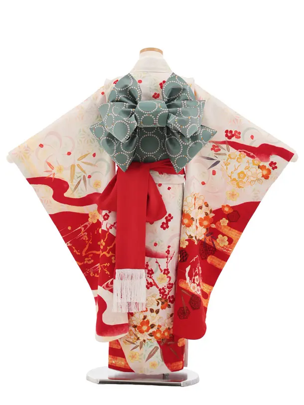 七五三(7歳結び帯)Y775 クリーム 麻の葉 刺繍椿