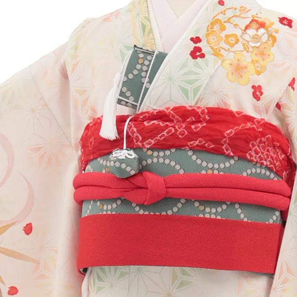 七五三(7歳結び帯)Y775 クリーム 麻の葉 刺繍椿