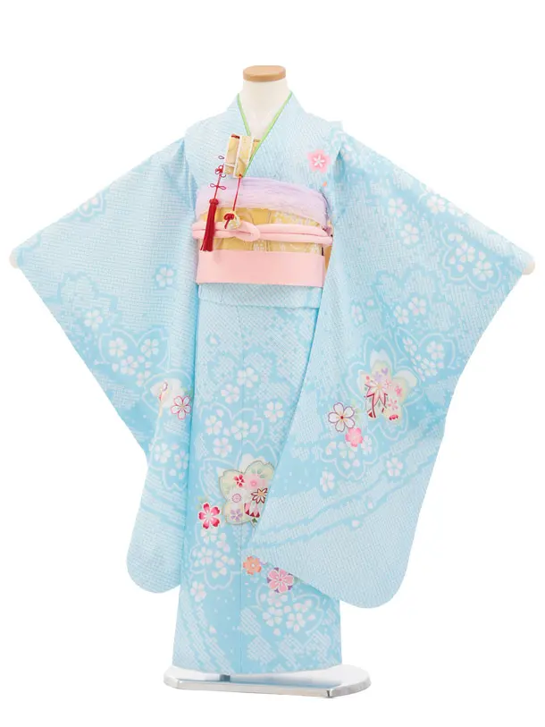 七五三(7歳結び帯)Y809 水色 疋田柄 桜